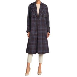 Vince Navy Plaid Belted Trench Coat
